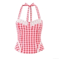 Women's Summer Red and White Gingham Halter Top With Lace Trim Vintage Slim Fit Polyester Camisole For Party Clubwear
