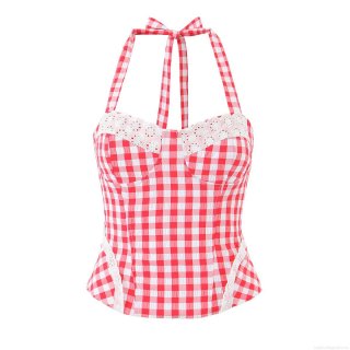 Women's Summer Red and White Gingham Halter Top With Lace Trim Vintage Slim Fit Polyester Camisole For Party Clubwear