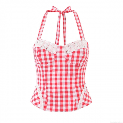 Women's Summer Red and White Gingham Halter Top With Lace Trim Vintage Slim Fit Polyester Camisole For Party Clubwear