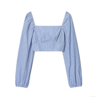 Women Fashion Blue White Stripe Smocked Square Neck Top Long Puff Sleeve Slim Fit Cropped Blouse Casual Summer Vacation Shirt For Women