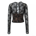 Women's Black Lace Long Sleeve T-Shirt Top Vintage Corset Fishbone Mesh See-Through Blouse Slim Fit Cotton Blend Floral Hook Flower Fashion Streetwear Top