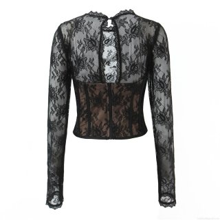 Women's Black Lace Long Sleeve T-Shirt Top Vintage Corset Fishbone Mesh See-Through Blouse Slim Fit Cotton Blend Floral Hook Flower Fashion Streetwear Top