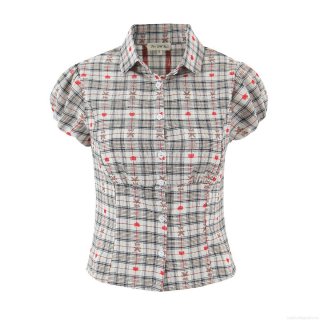 Women's Plaid Short Sleeve Blouse Cotton Blend Puff Sleeve Button Down Shirt Retro Heart Bear Print Top Summer Casual Fashion Blouse