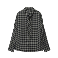 Women's Plaid Long Sleeve Shirt Blouse 100% Polyester Tie Neck Loose Fit Gingham Single Breasted Casual Streetwear Tops For Women