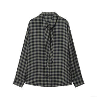 Women's Plaid Long Sleeve Shirt Blouse 100% Polyester Tie Neck Loose Fit Gingham Single Breasted Casual Streetwear Tops For Women