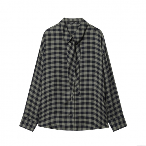 Women's Plaid Long Sleeve Shirt Blouse 100% Polyester Tie Neck Loose Fit Gingham Single Breasted Casual Streetwear Tops For Women