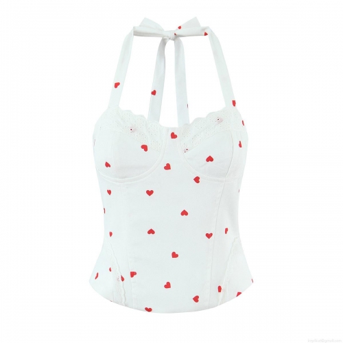 Women's Halter Neck Camisole Sexy Red Heart Print Crop Top With Lace Trim Back Zipper Y2K French Style Summer Sleeveless Top