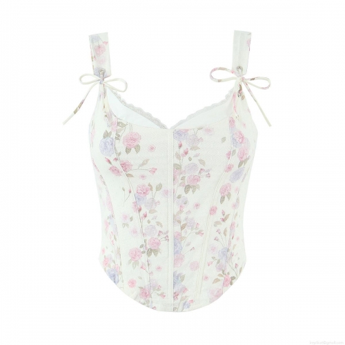 Women's Floral Print Corset Top Vintage Lace Patchwork Bustier Cami Summer Slim Fit V-Neck Adjustable Bow Shoulder Strap Mesh Tank Top Sexy Chic Streetwear