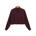 Women's Long Sleeve Satin Shirt Wine Red Cropped Button Up Blouse Casual Street Style Fashion Tops Elegant Solid Color Shirt for Women