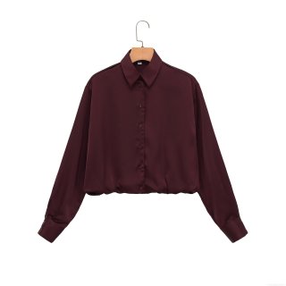 Women's Long Sleeve Satin Shirt Wine Red Cropped Button Up Blouse Casual Street Style Fashion Tops Elegant Solid Color Shirt for Women