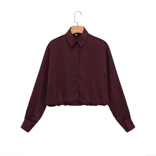 Women's Long Sleeve Satin Shirt Wine Red Cropped Button Up Blouse Casual Street Style Fashion Tops Elegant Solid Color Shirt for Women