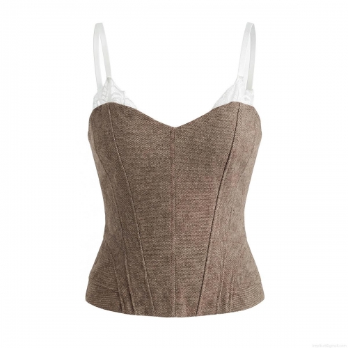 Women's Sexy Vintage Corset Top Brown Twill Lace Patchwork Bustier Slim Fit Summer Sleeveless Crop Top With Adjustable Straps And Back Zipper For Streetwear Party