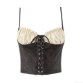 Women's Vintage PU Leather Patchwork Camisole Top Tie Front Pleated Corset Vest Sleeveless Slim Fit Streetwear Party Clubwear Fashion Top