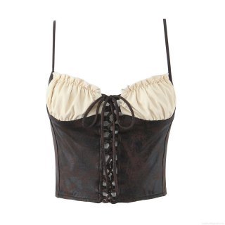 Women's Vintage PU Leather Patchwork Camisole Top Tie Front Pleated Corset Vest Sleeveless Slim Fit Streetwear Party Clubwear Fashion Top