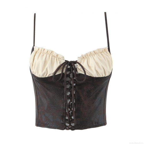 Women's Vintage PU Leather Patchwork Camisole Top Tie Front Pleated Corset Vest Sleeveless Slim Fit Streetwear Party Clubwear Fashion Top