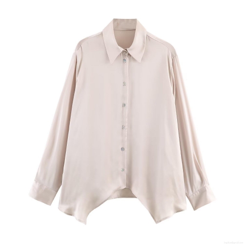 Elegant Champagne Satin Shirt Women Long Sleeve Polo Collar Single Breasted Asymmetric Hem Blouse Streetwear Casual Solid Silk Like Polyester Top