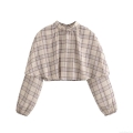 Women's Plaid Long Sleeve Blouse 100% Polyester Stand Collar Tiered Design Short Length Top Casual Streetwear Spring Summer Chic Checkered Shirt