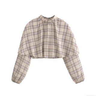 Women's Plaid Long Sleeve Blouse 100% Polyester Stand Collar Tiered Design Short Length Top Casual Streetwear Spring Summer Chic Checkered Shirt