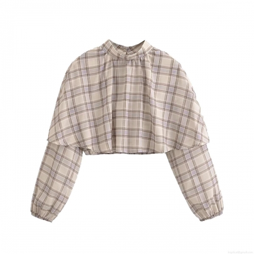 Women's Plaid Long Sleeve Blouse 100% Polyester Stand Collar Tiered Design Short Length Top Casual Streetwear Spring Summer Chic Checkered Shirt