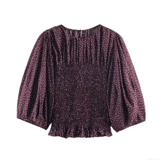 Women's Summer Polka Dot Blouse Polyester Cotton Smocked Waist Balloon Sleeve Top Casual Ruffle Hem Round Neck Shirts Streetwear For Women