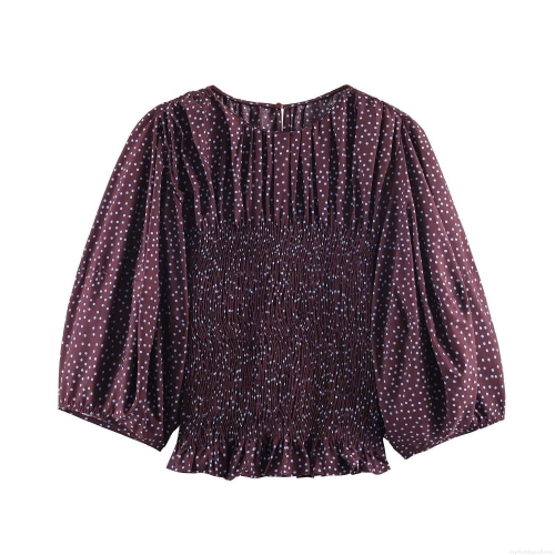 Women's Summer Polka Dot Blouse Polyester Cotton Smocked Waist Balloon Sleeve Top Casual Ruffle Hem Round Neck Shirts Streetwear For Women