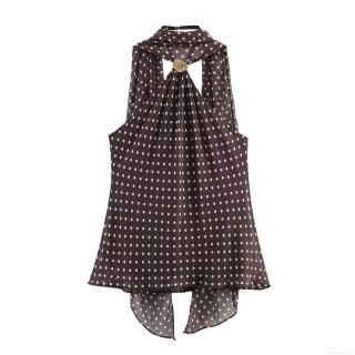 Women Halter Neck Top European Fashion Slim Fit Polka Dot Chiffon Sleeveless Tank Top With Golden Metal Ring Retro Street Style Casual Summer Party Vest