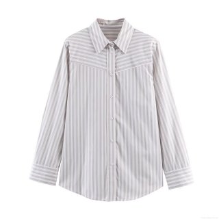 Women's Fashion Striped Long Sleeve Shirt Casual Loose Polyester Cotton Blouse With Shoulder Pads Polo Collar Single Breasted Streetwear Top For Spring Summer Ladies