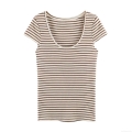 Women's Casual Striped Short Sleeve T-Shirt Cotton Blend Slim Fit Round Neck Top Summer Basic Tee Brown White Striped Ribbed Knit Blouse