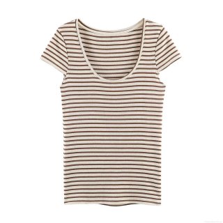 Women's Casual Striped Short Sleeve T-Shirt Cotton Blend Slim Fit Round Neck Top Summer Basic Tee Brown White Striped Ribbed Knit Blouse