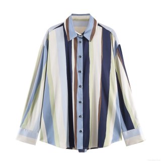 Women's Long Sleeve Striped Blouse Polyester Cotton Blend Button Down Loose Fit Polo Collar Patchwork Satin Texture Casual Shirt Top