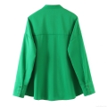 Women Bright Green Long Sleeve Shirt Loose Oversized Blouse With Pocket Mandarin Collar Polyester Solid Casual Button Down Top For Streetwear
