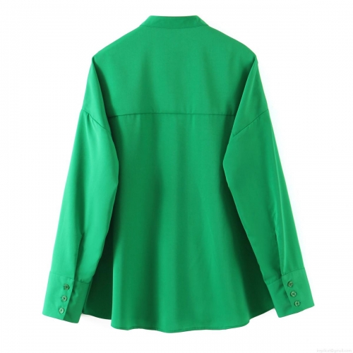 Women Bright Green Long Sleeve Shirt Loose Oversized Blouse With Pocket Mandarin Collar Polyester Solid Casual Button Down Top For Streetwear