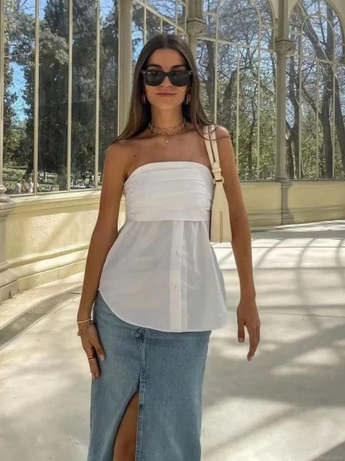 Women's Strapless Tube Top Y2K Western Street Style 100% Polyester Button Front Ruffle Slim Fit Sexy Crop Top For Summer Casual Party Daily Wear