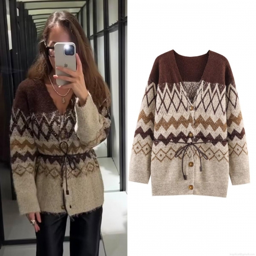 Women's Polyester V-Neck Knitted Cardigan Sweater With Belt Rhombus Geometric Pattern Patchwork Long Sleeve Open Front Knitwear Jacket For Streetwear