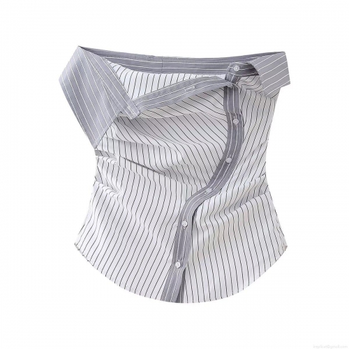 Women's Striped Off-shoulder Tube Top Slim Fit Polyester Lapel Single-breasted Button Down Shirt Style Crop Top for Summer Daily Party Streetwear