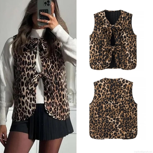 Women's Retro Leopard Print Vest 100% Polyester Sleeveless Bow Tie-up Front Waistcoat Slim Fit Casual Streetwear Chic Top For Ladies