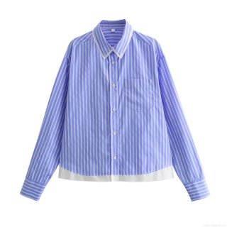 Women Casual Blue White Striped Patchwork Shirt Long Sleeve Loose Button Down Blouse Color Block Streetwear Top With Front Pocket