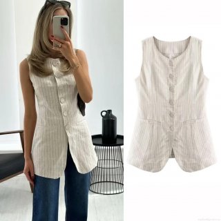 Women's Vintage Striped Slim Fit Vest Single Breasted Linen Blend Sleeveless Waistcoat Casual Office Summer Streetwear Fashion Top For Ladies