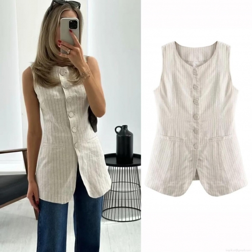 Women's Vintage Striped Slim Fit Vest Single Breasted Linen Blend Sleeveless Waistcoat Casual Office Summer Streetwear Fashion Top For Ladies