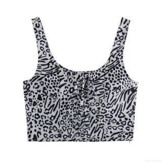 Women Sexy Mixed Animal Print Crop Top Polyester Lace-Up Front Slim Fit Camisole Black And White Leopard Zebra Pattern Summer Streetwear Party Clubwear Top