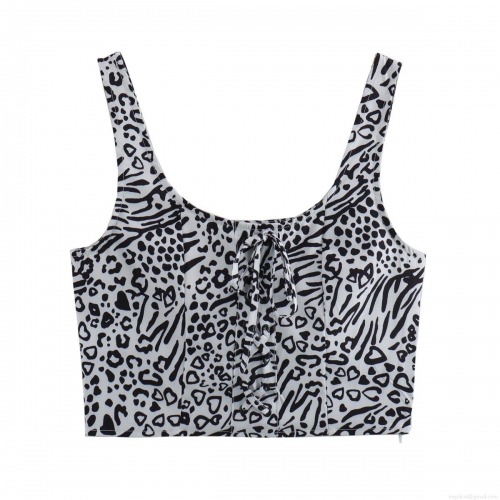 Women Sexy Mixed Animal Print Crop Top Polyester Lace-Up Front Slim Fit Camisole Black And White Leopard Zebra Pattern Summer Streetwear Party Clubwear Top
