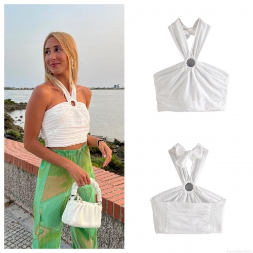 Women's Sexy White Halter Neck Crop Top With Metal Ring Detail Pleated Backless Lace-up Cami Tank Top For Summer Vacation Streetwear