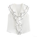 Women's Sleeveless V-Neck Ruffle Blouse 100% Polyester Loose Summer Fashion Top White Shirt With Black Piping Contrast Casual Streetwear For Ladies
