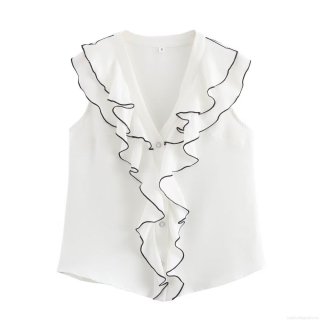 Women's Sleeveless V-Neck Ruffle Blouse 100% Polyester Loose Summer Fashion Top White Shirt With Black Piping Contrast Casual Streetwear For Ladies