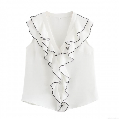 Women's Sleeveless V-Neck Ruffle Blouse 100% Polyester Loose Summer Fashion Top White Shirt With Black Piping Contrast Casual Streetwear For Ladies