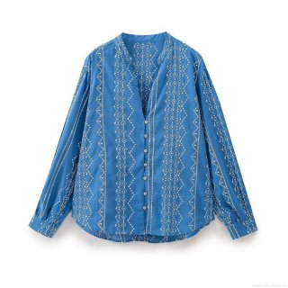 Women's V-Neck Long Sleeve Embroidery Blouse Cotton Blend Boho Ethnic Button Down Loose Fashion Shirt For Daily Summer Casual