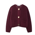 Retro Wine Red Chunky Knit Cardigan Sweater For Women With Gold Metal Buttons V Neck Long Sleeve Short Outerwear Top With Pockets Chic Knitwear
