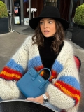 Women Loose Mohair Knit Cardigan Color Block Rainbow Striped Long Sleeve Open Front Sweater Casual Streetwear Warm Winter Autumn Mid-Length Knitwear Outwear