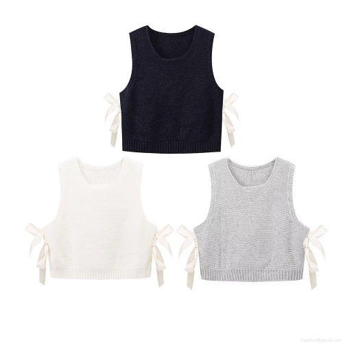 Women's Knit Crop Vest Side Tie Bow U-Neck Sleeveless Tank Top Solid Color Polyester Knitted Pullover Streetwear Outerwear For Women
