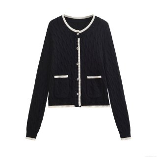 Women's Fashion Cable Knit Cardigan Sweater Contrast Binding Button Up Long Sleeve Knitted Outerwear Autumn Winter Streetwear Ladies Top